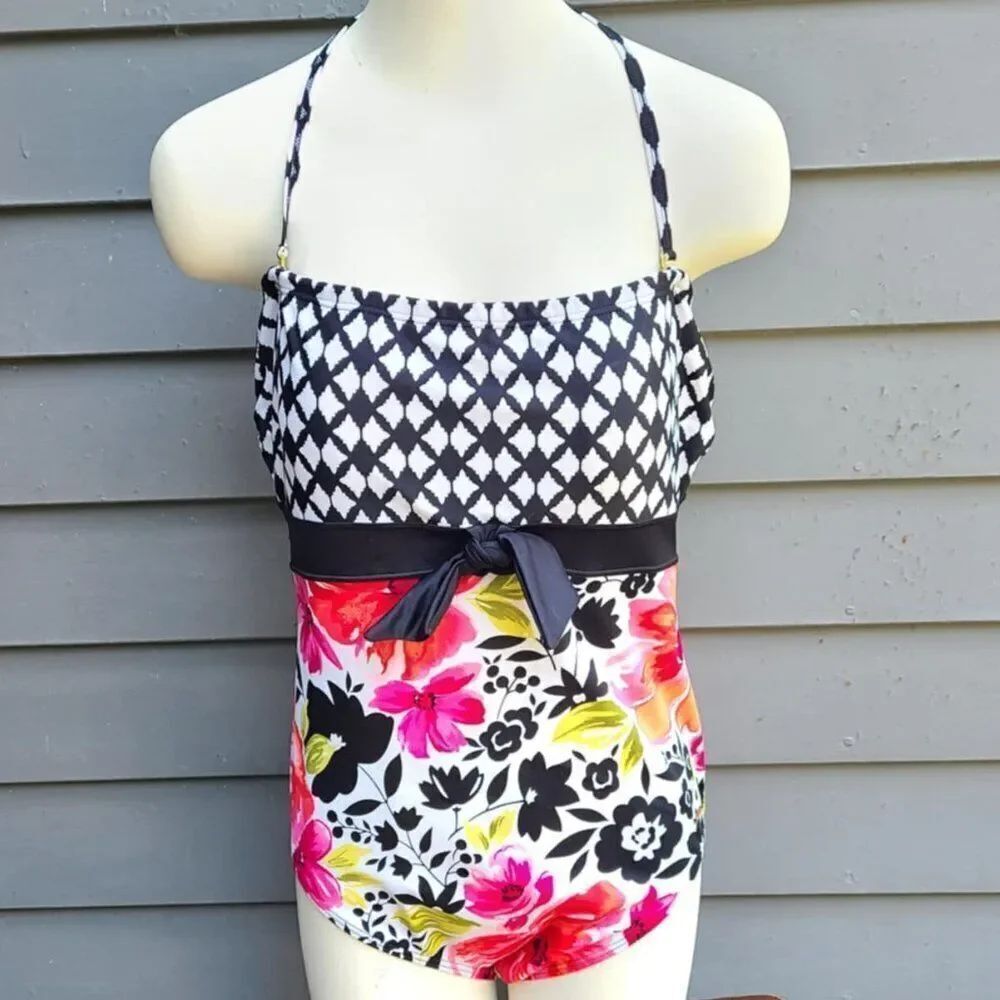 Liz Claiborne Swimsuit Black White Pink One Piece size 14